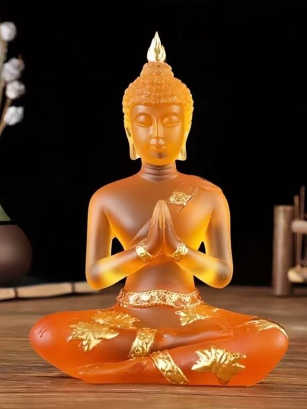 Orange Resin Buddha Meditation Statue Gold Gilded